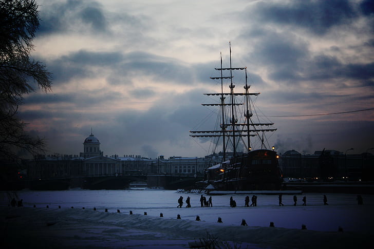 people, sailing ship, frozen river, architecture, Russia, cityscape