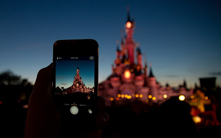 Disneyland, Paris, castle, phone, cellphone, bokeh, smart phone, HD wallpaper