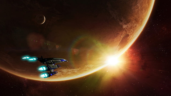 Mass Effect, Normandy SR-2, planet, spaceship, video games, HD wallpaper