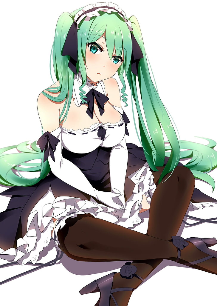green hair, green eyes, anime girls, high heels, long hair, HD wallpaper