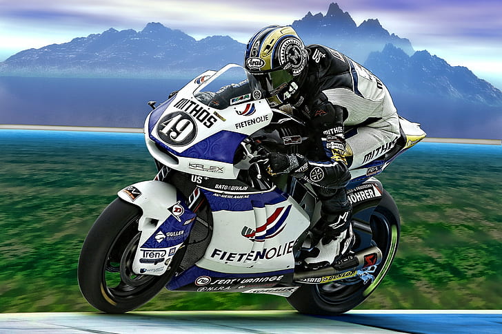 man riding white and blue sports motorcycle, Racer, 川崎, 雅马哈