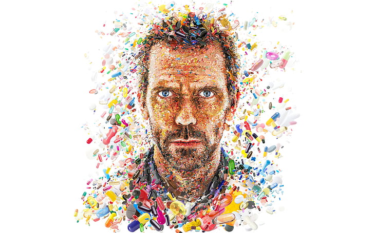 face, collage, Hugh Laurie, pills, Dr. House, medicine, capsules, HD wallpaper