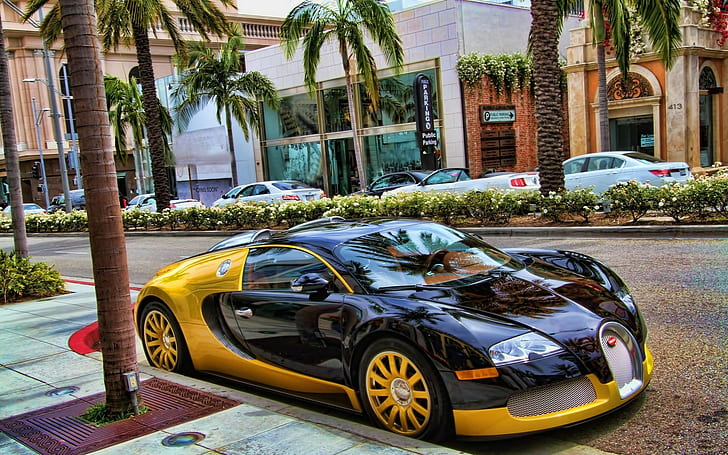 Bugatti Veyron, car, HDR, Los Angeles, vehicle, palm trees, HD wallpaper