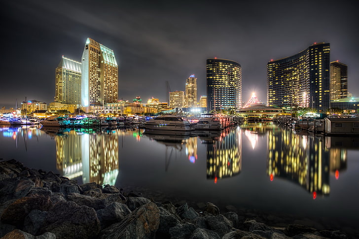 cityscape, HDR, San Diego, USA, reflection, night, building exterior, HD wallpaper