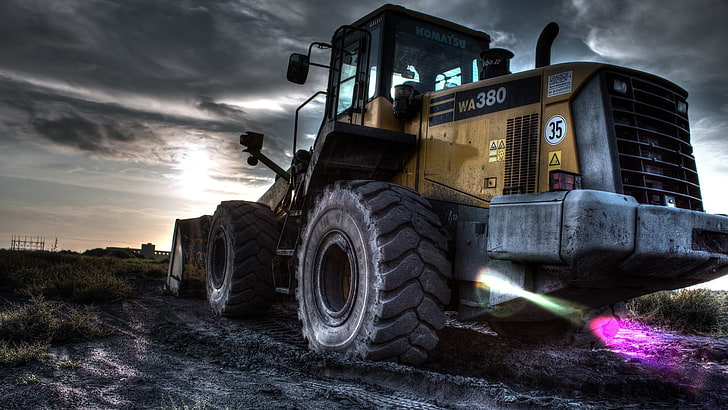 yellow and black backhoe truck, front end loader, construction vehicles, HD wallpaper