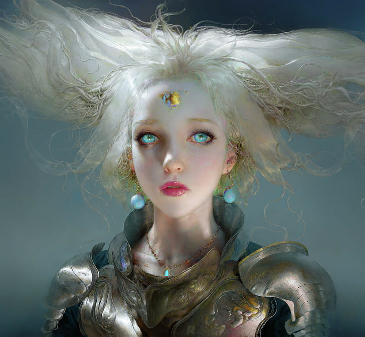 Ruan Jia, women, blue eyes, warrior, armor, fantasy art, artwork