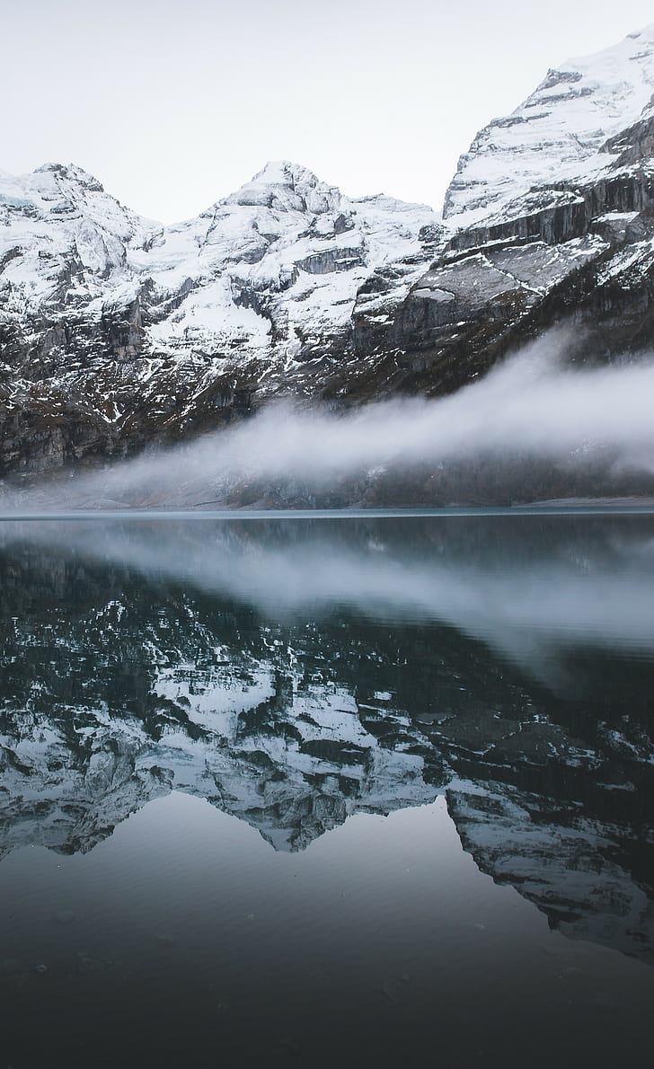 nature, water, snow, mountains, snowy peak, lake, mist, reflection