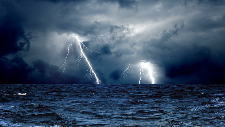 sea, storm, lightnings, clouds, night, ocean