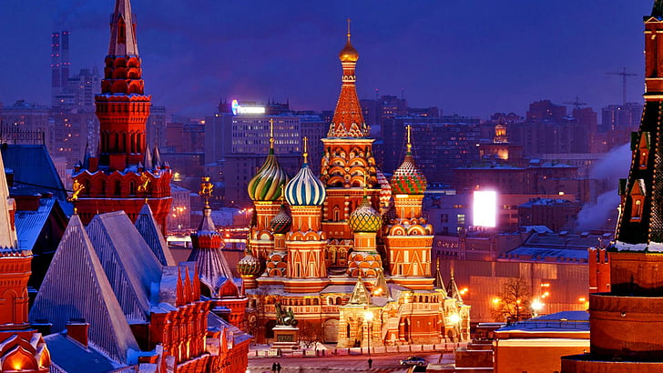 moscow, winter, cityscape, lights, russia