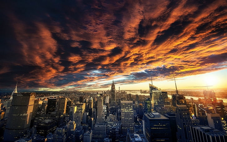 city sky scrapers, New York City under cloudy sky, nature, landscape, HD wallpaper