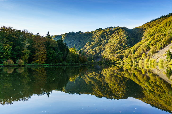 lake surrounded by green hills, REFLECTION, autumn, nature, river