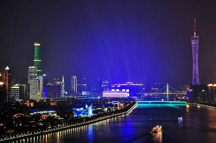 Cities, Guangzhou, Canton Tower, China, Night, Pearl River