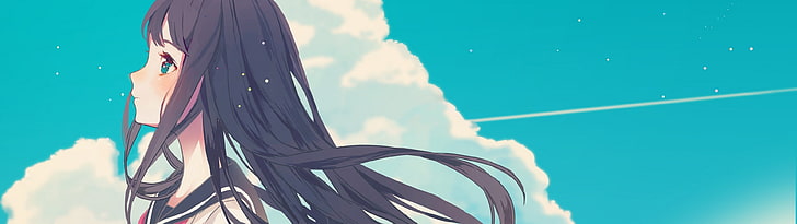 black-haired anime character wallpaper, anime girls, sky, clouds