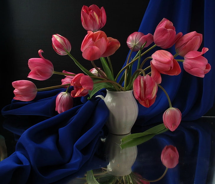 HD wallpaper: pink tulip flowers, tulips, vase, fabric, table ...