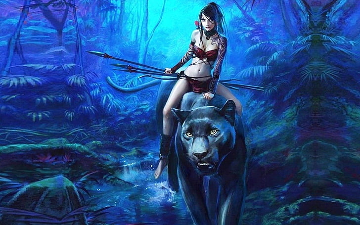 girl riding on black panther illustration, fantasy art, fantasy girl