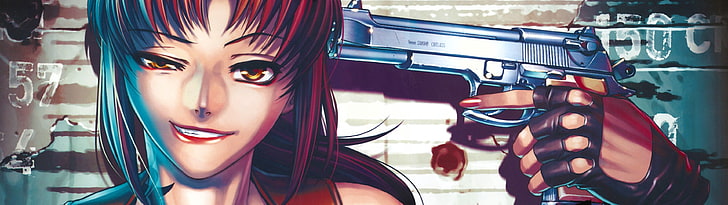 red-haired woman anime character pointing handgun on her head wallpaper