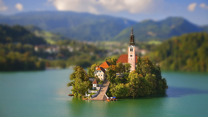 brown and white house miniature, lake, castle, Church, tilt shift, HD wallpaper