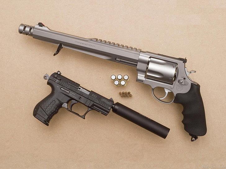 black semi-automatic pistol, gun, revolver, suppressors, Walther P22
