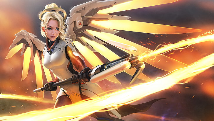 yellow haired woman character, Overwatch, Mercy (Overwatch), wings, HD wallpaper