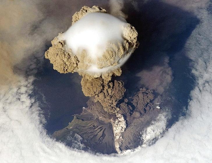 volcano, eruptions, bird's eye view, smoke, clouds, nature, HD wallpaper