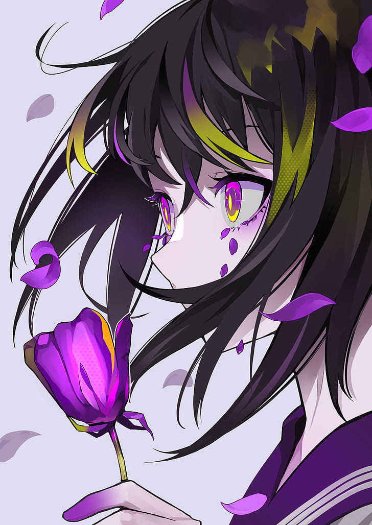 HD wallpaper: anime girls, original characters, dark hair, purple eyes,  flowers | Wallpaper Flare