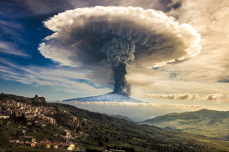 volcano eruption, nature, Sicily, Italy, snowy peak, mushroom