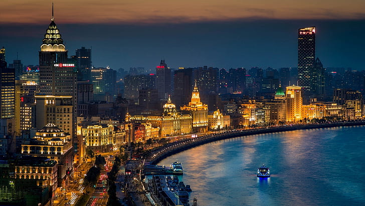 Shanghai, China, Asia, city night, river, boats, lights, buildings, aerial view of city during night