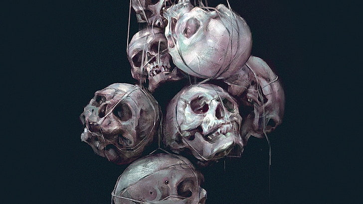 human skull lot, simple background, minimalism, digital art, painting