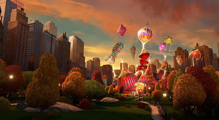 Madagascar 3 Europe's Most Wanted New..., assorted-color balloons and buildings illustration, HD wallpaper
