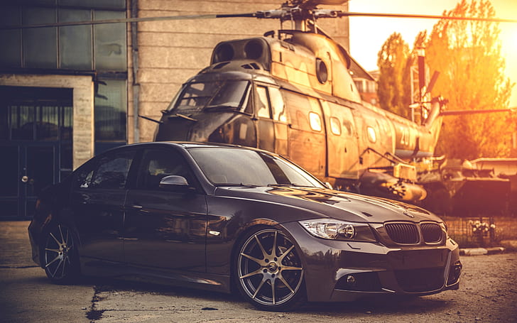 BMW E90 car, helicopter, sunset, HD wallpaper