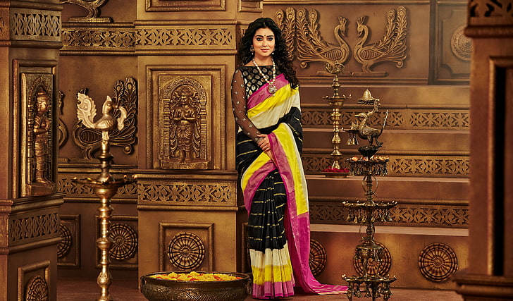 Ethnic wear, Shriya Saran, Traditional, Actress, Saree, indoors