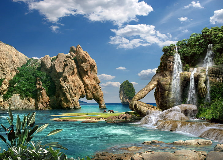 waterfalls, sea, mountains, nature, stones, rocks, stone man, HD wallpaper
