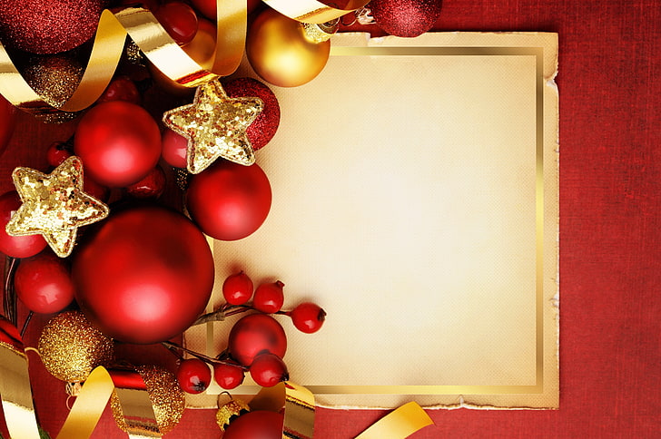 white and brown Christmas themed border, decoration, balls, New Year, HD wallpaper