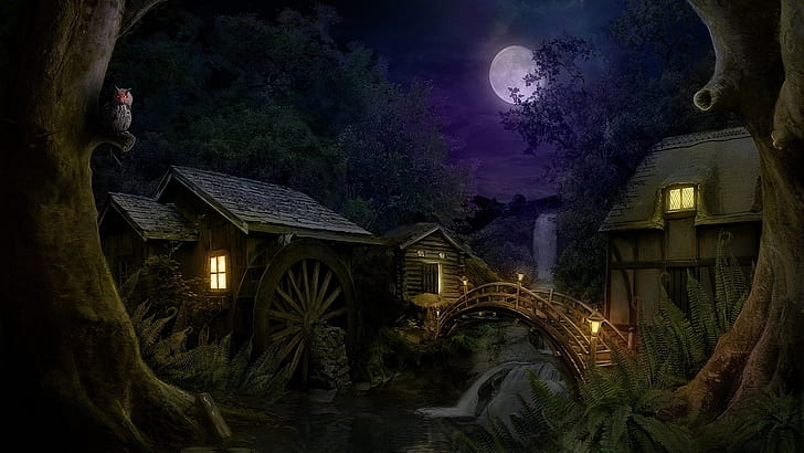 darkness, night, village, moon, full moon, midnight, moonlight, HD wallpaper