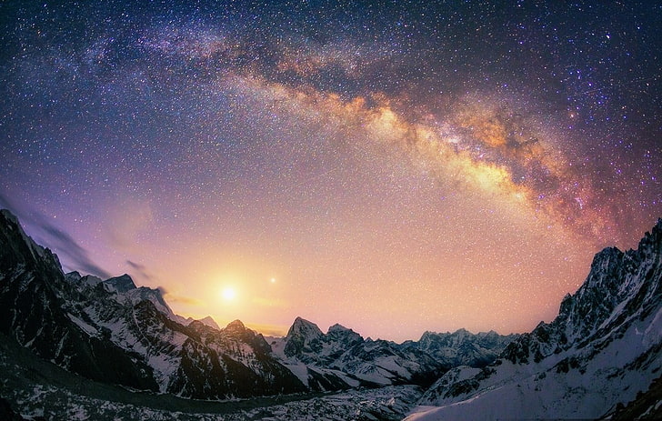 white mountain under starry night, landscape, nature, Milky Way, HD wallpaper