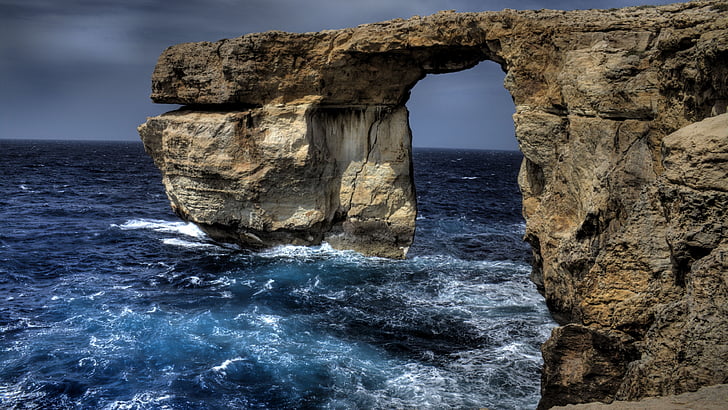 rock, natural arch, sea, coast, cliff, azure window, malta, HD wallpaper