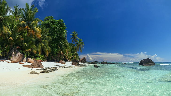 nature, Seychelles, tropical, water, summer, clouds, sand, sea, HD wallpaper