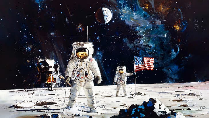 Moon, Neil Armstrong, Buzz aldrin, space, Lunar lander, stars, HD wallpaper