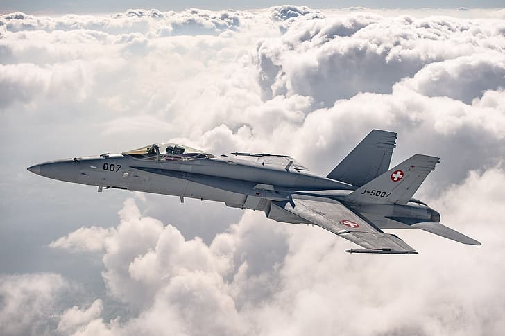 Clouds, Fighter, Pilot, The Swiss air force, F/A-18 Hornet, HD wallpaper