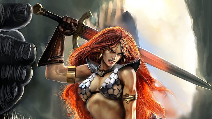 Red Sonja Redhead Sword Drawing HD, cartoon/comic, HD wallpaper