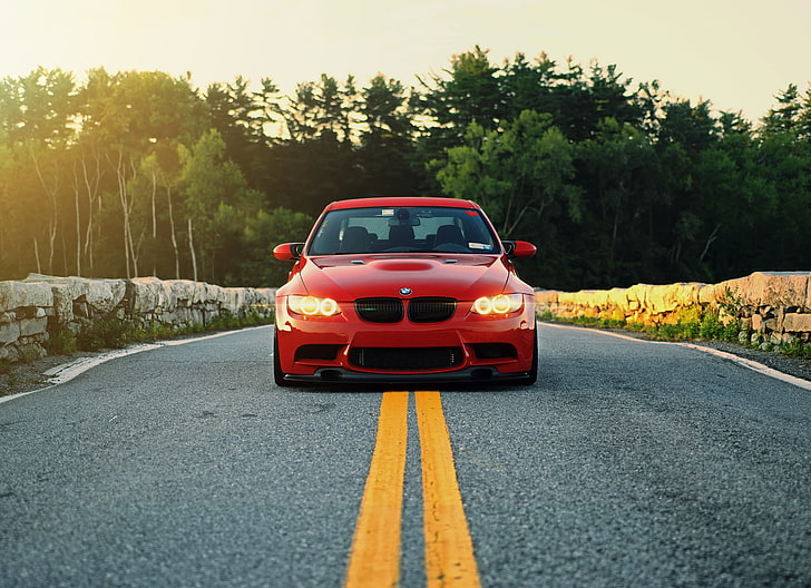 red BMW E90 sedan, lights, the front, running lights, transportation, HD wallpaper