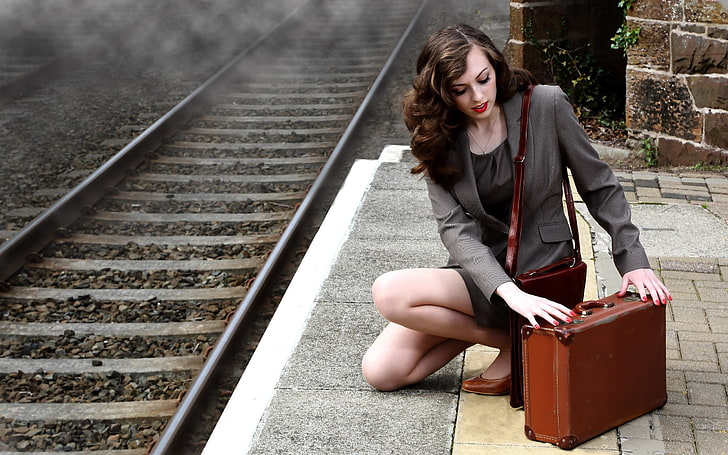 women, model, brunette, dress, train station, legs, suitcase, HD wallpaper