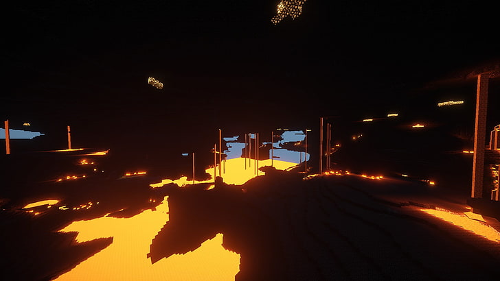 untitled, Minecraft, lava, water, Sun, sea, mountains, illuminated