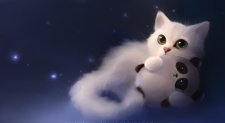 White Night, white cat hugging panda toy illustration, Artistic