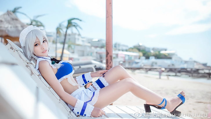 Sakuya Izayoi, Izayoi Sakuya, Touhou, bikini, blue bikinis, beach, HD wallpaper