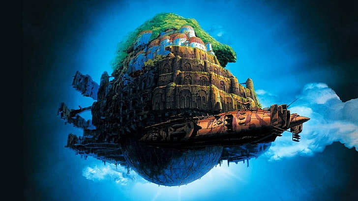 air ship with village illustration, Studio Ghibli, Castle in the Sky