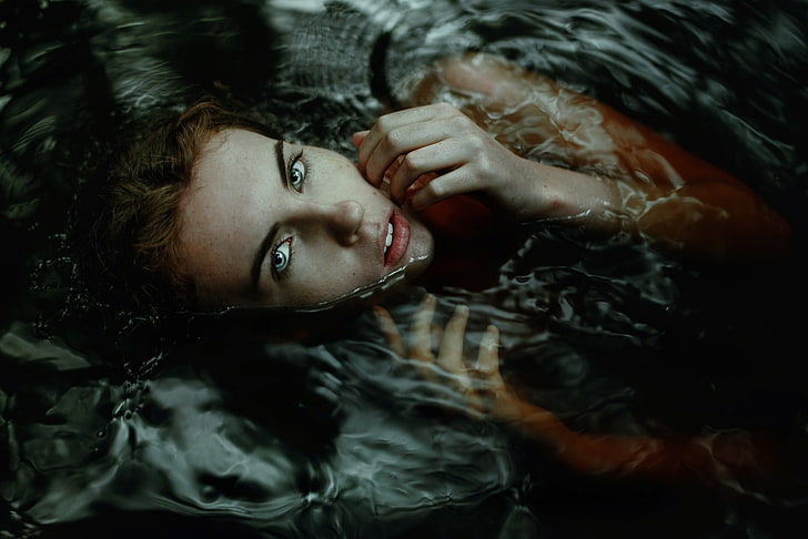 women, redhead, blue eyes, water, wet, wet hair, wet body, portrait
