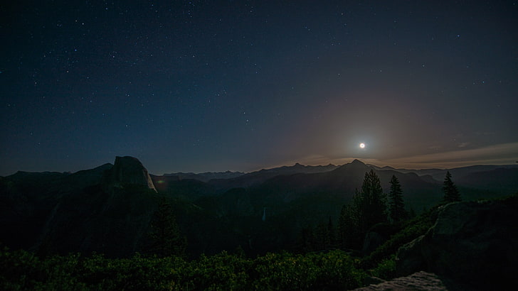 mountains, nature, forest, Moon, Yosemite Valley, Yosemite National Park, HD wallpaper