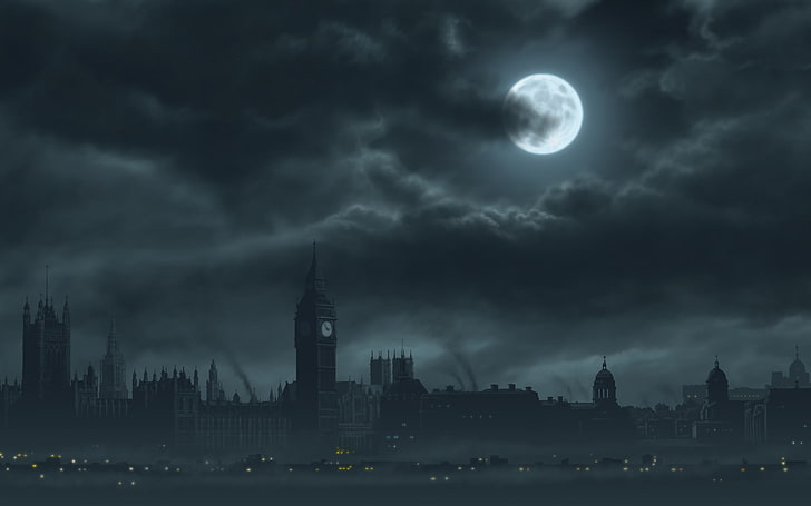 Big Ben, London, the moon, dark, cityscape, urban Skyline, london - England