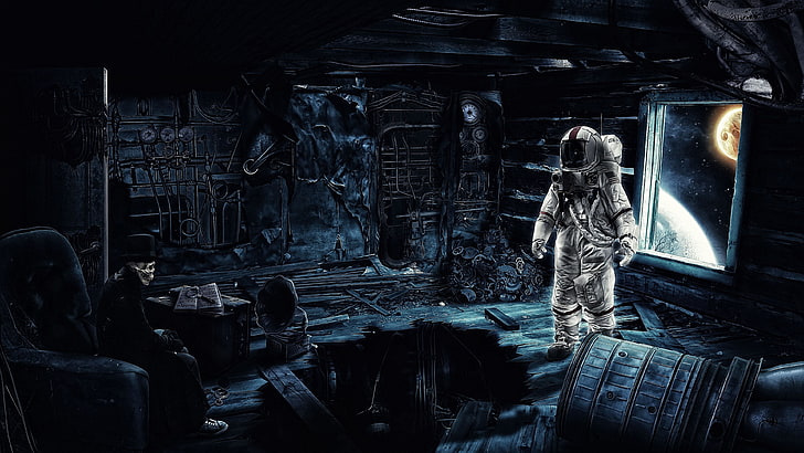 astronaut digital art, futuristic, skeleton, skull, hat, camera, HD wallpaper